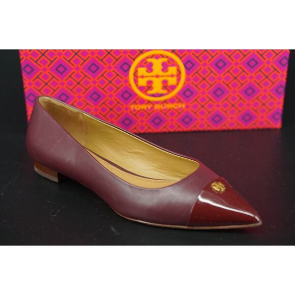 Tory Burch Burgundy Leather Fairford Pointy Toe Ballet Flats SZ 6 Logo $250 New - Picture 1 of 12